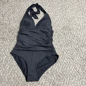 BODEN One Piece V Neck Halter Swimsuit Sz US 8 Black Beachy Vacation Resort